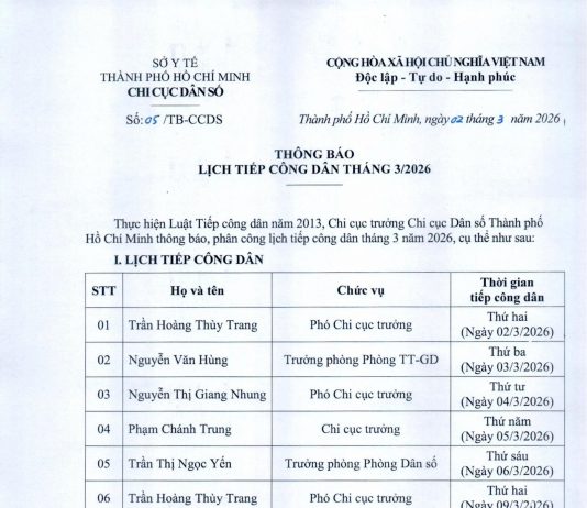 THÔNG BÁO LỊCH TIẾP CÔNG DÂN THÁNG 3/2026