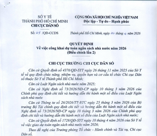 QUYẾT ĐỊNH SỐ 25/QĐ-CCDS NGÀY 20/4/2026 CỦA CHI CỤC DÂN SỐ VỀ VIỆC CÔNG KHAI DỰ TOÁN NGÂN SÁCH NHÀ NƯỚC NĂM 2026 (ĐIỀU CHỈNH LẦN 2)