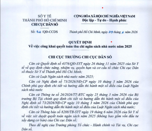 QUYẾT ĐỊNH SỐ 34/QĐ-CCDS NGÀY 29 THÁNG 6 NĂM 2026 CỦA CHI CỤC DÂN SỐ THÀNH PHỐ HỒ CHÍ MINH VỀ VIỆC CÔNG KHAI QUYẾT TOÁN THU CHI NGÂN SÁCH NHÀ NƯỚC NĂM 2025